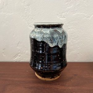 Vintage mid century Japanese stoneware vase black white pottery glazed ceramics